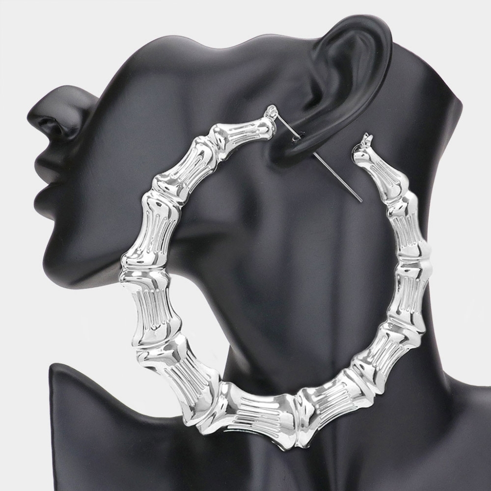 Silver Textured Bamboo Big DoorKnocker Hoop Earrings 3.75" Trendy Accessory